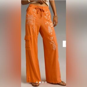Anthropologie Pilcro Embroidered Beach Linen Cargo Pants Size Medium NWT